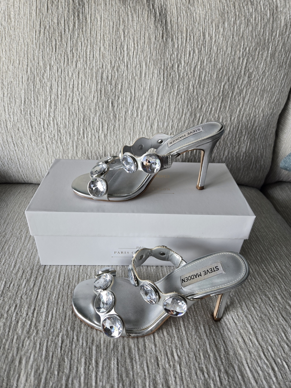 Steve Madden Silver Crystal-Embellished Stiletto Slide Sandals - Picture 3 of 8